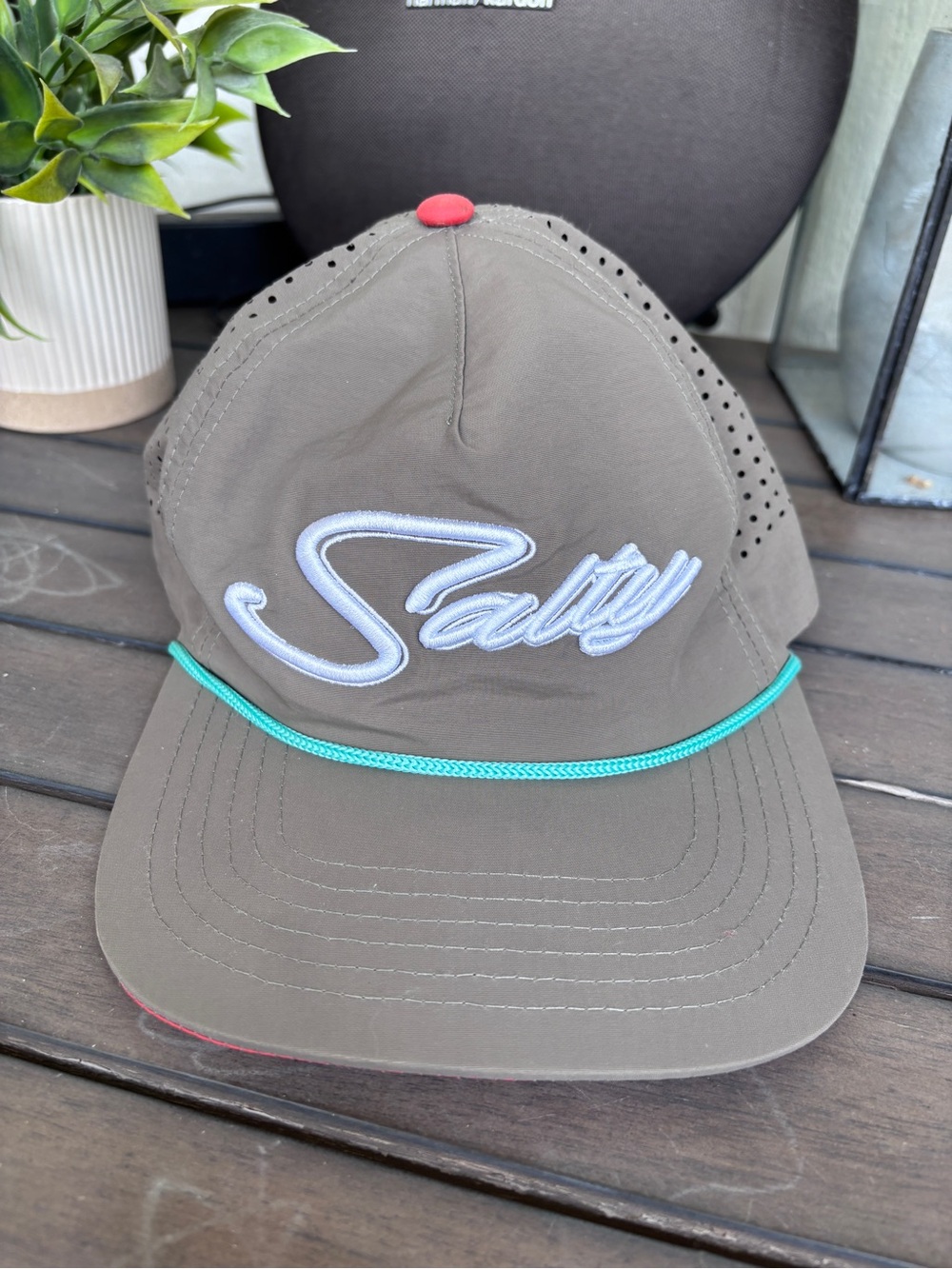 Salty Embroidered Rope-Detail Cap in Olive with Teal